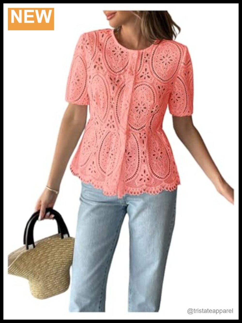 Lace Peplum Babydoll Blouse Eyelet Button Down Short Sleeve Top